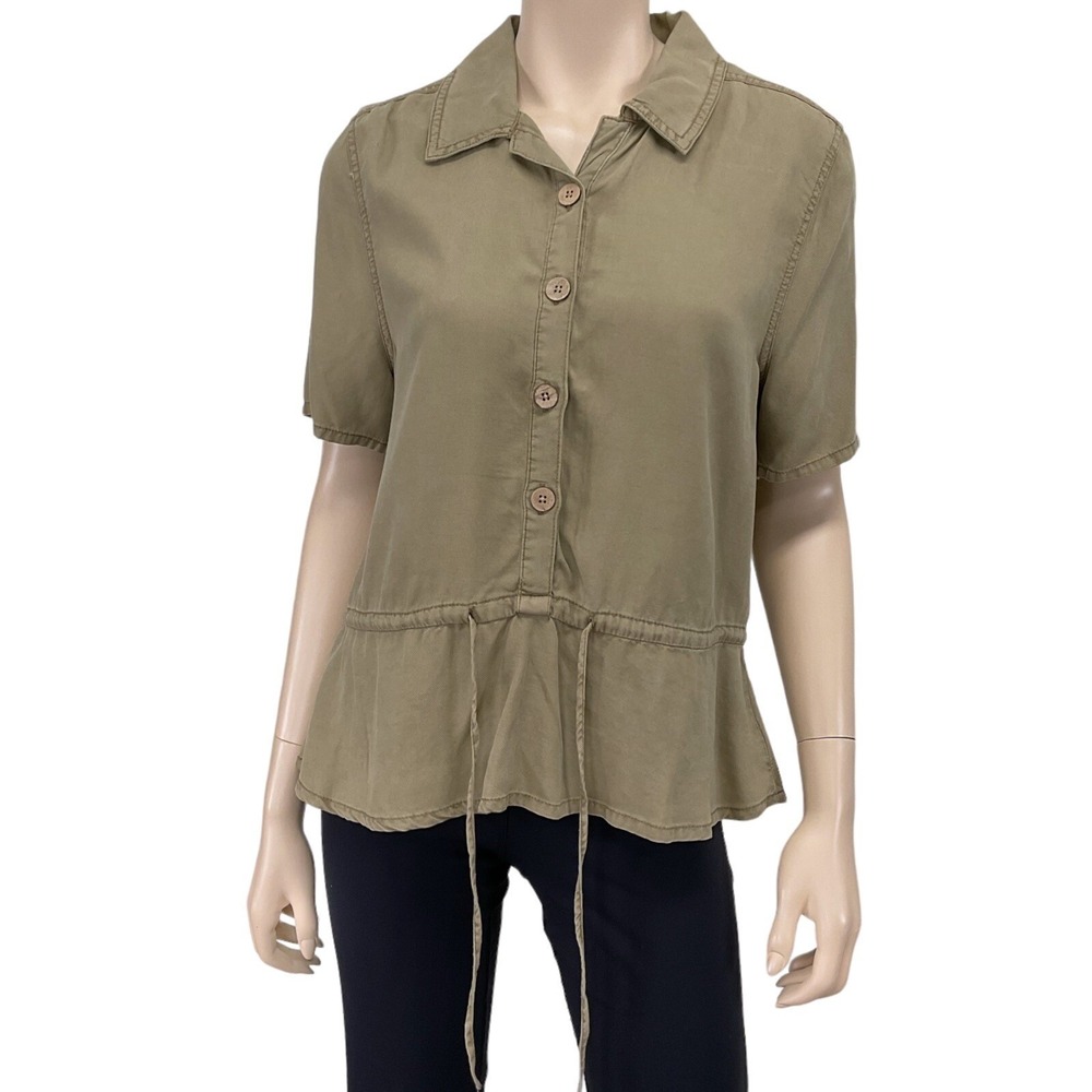 Oat New York Top Women Medium Brown Short Sleeve Tie Waist Button Down NWT